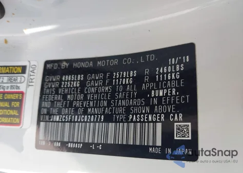 2018 Honda Clarity Plug-In Hybrid from USA, damaged, VIN JHMZC5F18JC020779